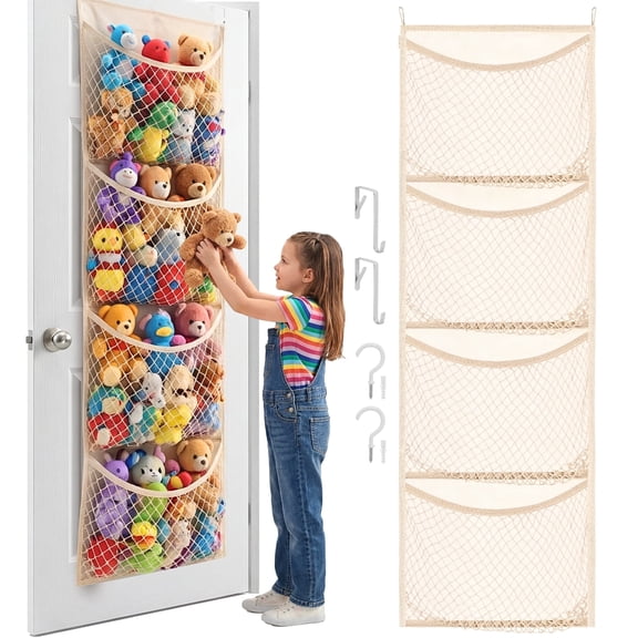 Over The Door Stuffed Animal Storage, Cotton Toy Organizer for Storage Plush Toys,Baby Supplies, Stuffed Animal Holder with 4 Large Pockets, Hanging Door Organizer for Nursery, Bedroom, Kids Room