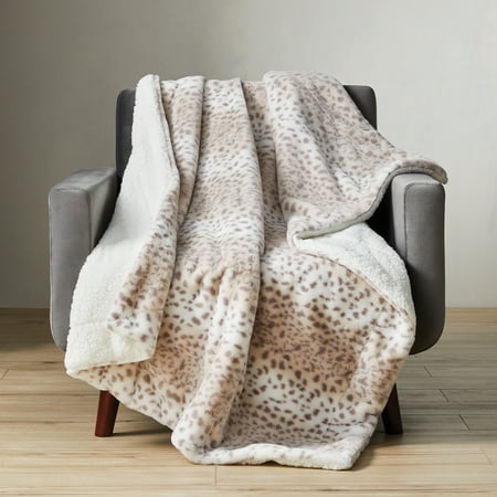 Better Homes & Gardens Snow Leopard Brown, White Leopard Faux Fur Throw, 60" x 50"