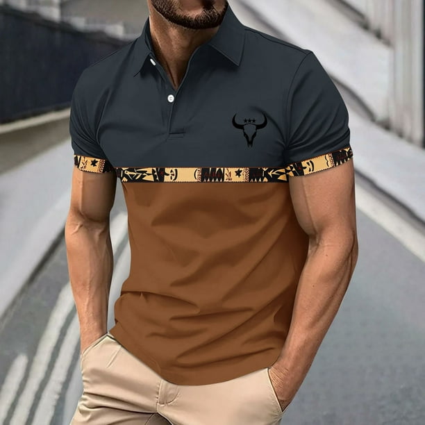 Blusa y camisa de manga corta con cuello vuelto para hombre, blusa de manga larga con solapa y botones estampados, blusa de poliéster para hombre