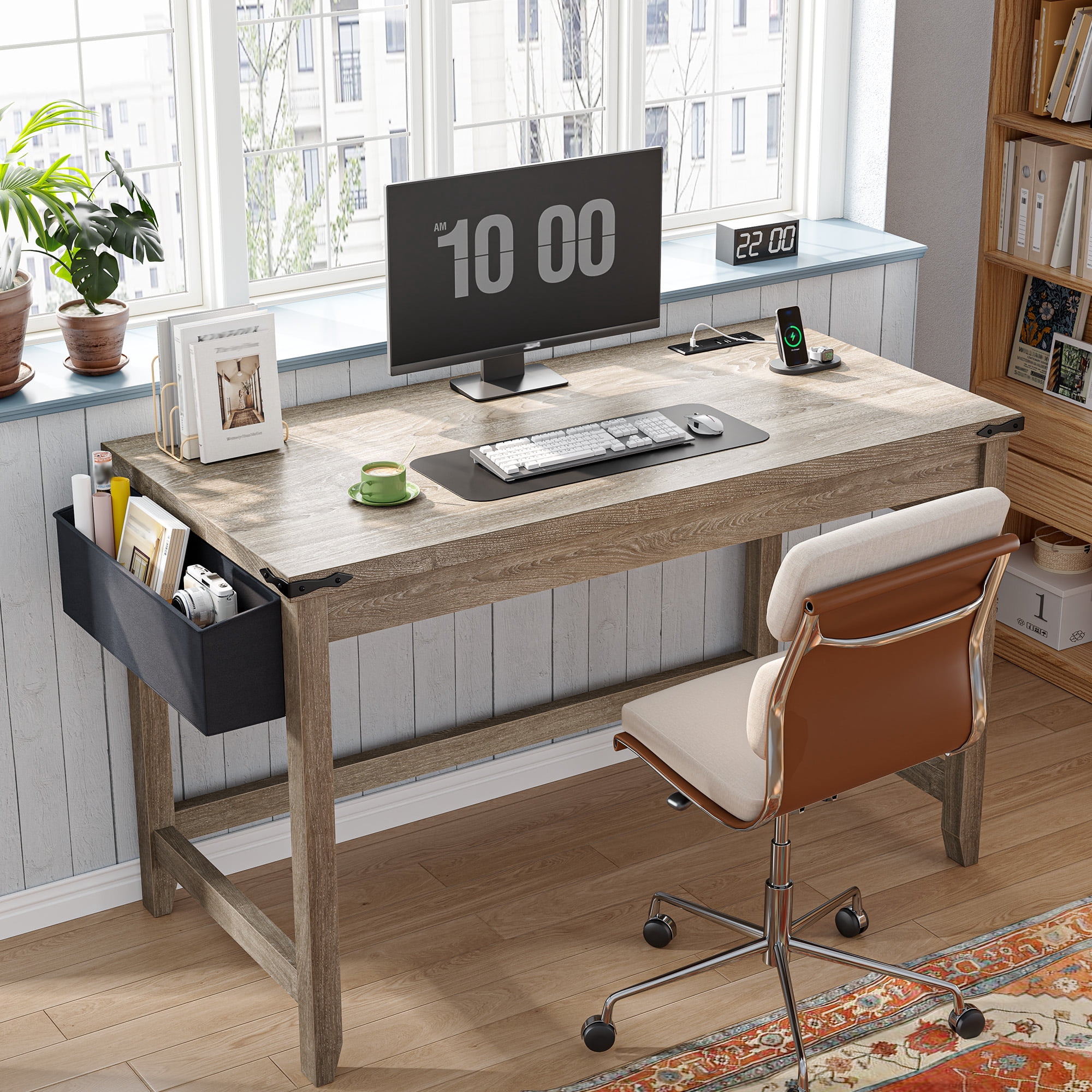 Enhomee Computer Desk with Power Outlet 40.1"W Small Desk for Bedroom, Ash Gray