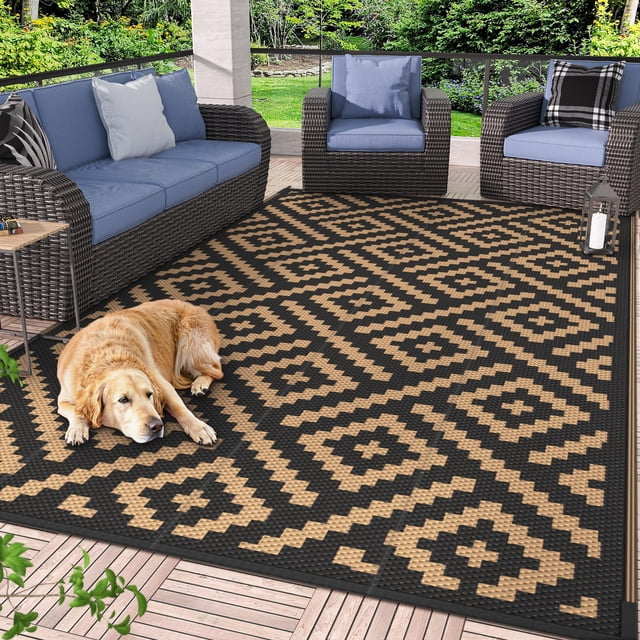 GENIMO 5'x8' Outdoor Rug Waterproof, Reversible Camping Mat, Plastic Straw Rugs for Patio, RV, Camper, Balcony, Backyard, Picnic, Deck (Bla