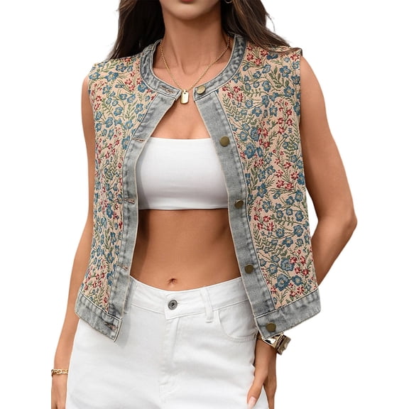 Women'S Denim Vest Sleeveless Jacquard Vest Round Neck Short Jacket Top Khaki L