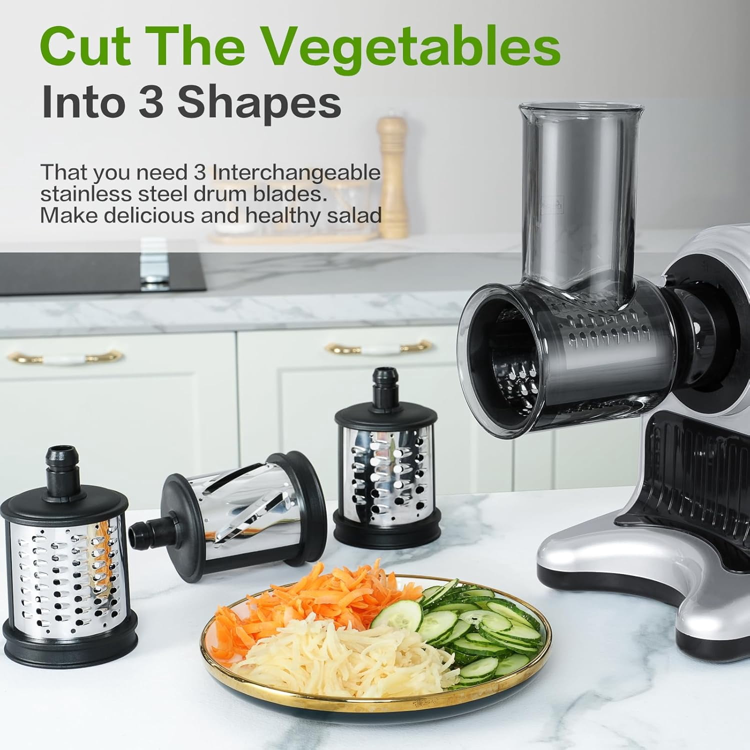 AMZCHEF 5-in-1 Cold Press Masticating Juicer with 3" Wide Feed Chute, Slow Juicer Machine with Meat Grinder, Vegetable Slicer & Snow Cone Maker, Easy to Clean, Stainless Steel