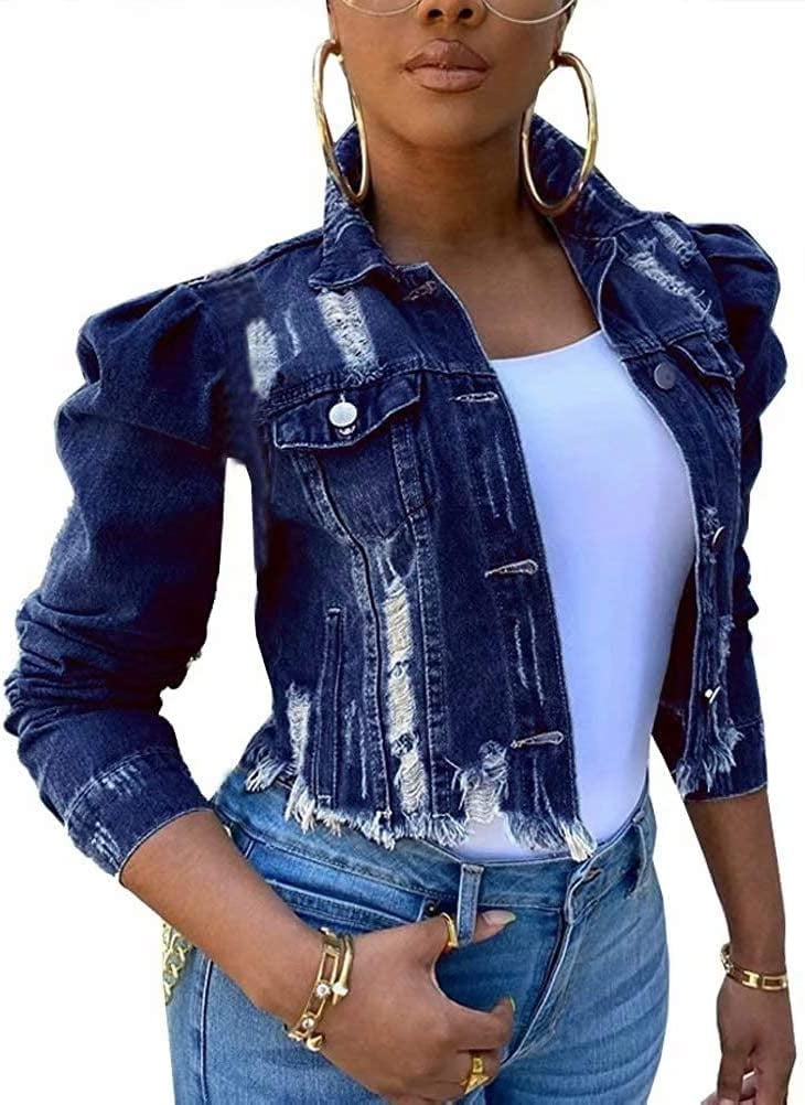PIKADINGNIS Long Sleeve Denim Crop Top Jacket for Women Distressed