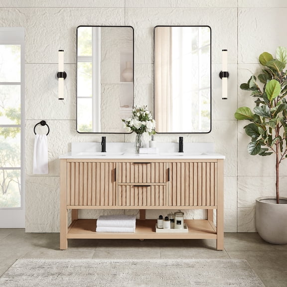 Vitre 60" Double Sink Bath Vanity in Aged Natural Oak with Composite Stone Top