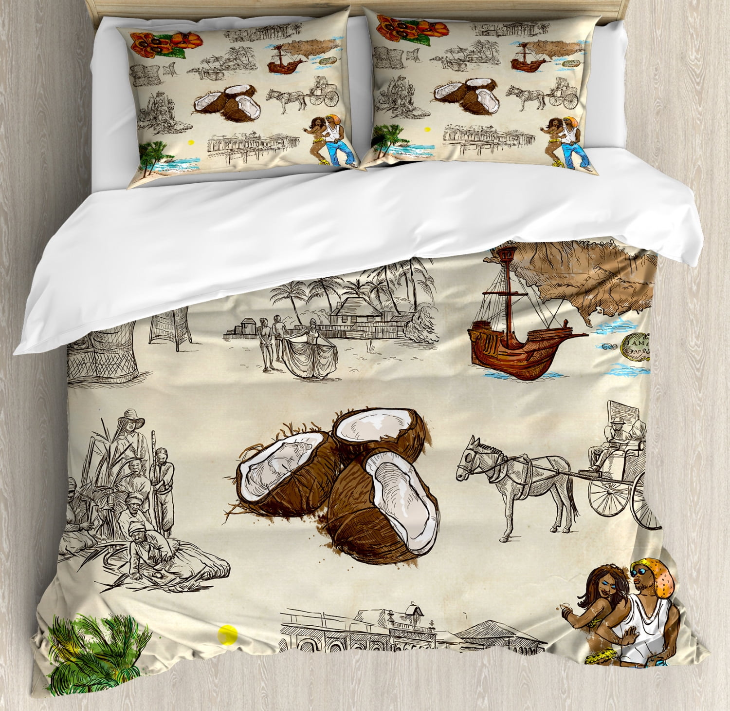 Jamaican Duvet Cover Set King Size, Hand Drawn Illustrations of