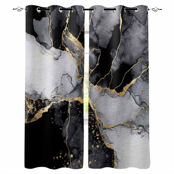 Black Grey Marble Blackout Curtains for Bedroom/Living Room, Thermal Insulated Kitchen Curtains, Modern Gradient Abstract Aesthetic Grommet Darkening Window Treatment Drapes 42"x84"x2