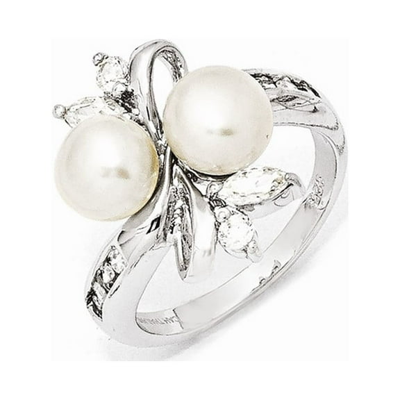 Cheryl M  Sterling Silver Rhodium-plated Freshwater Cultured Pearl and Brilliant-cut CZ Leaves Ring