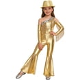 thumbnail image 1 of RUNQHUI Kids Girls Metallic Ruffle Flared Jumpsuit with Hat Set Fringed Performance Disco Dance Outfit Gold 14, 1 of 6