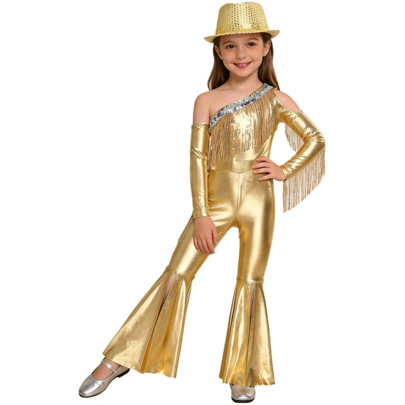 RUNQHUI Kids Girls Metallic Ruffle Flared Jumpsuit with Hat Set Fringed Performance Disco Dance Outfit Gold 14