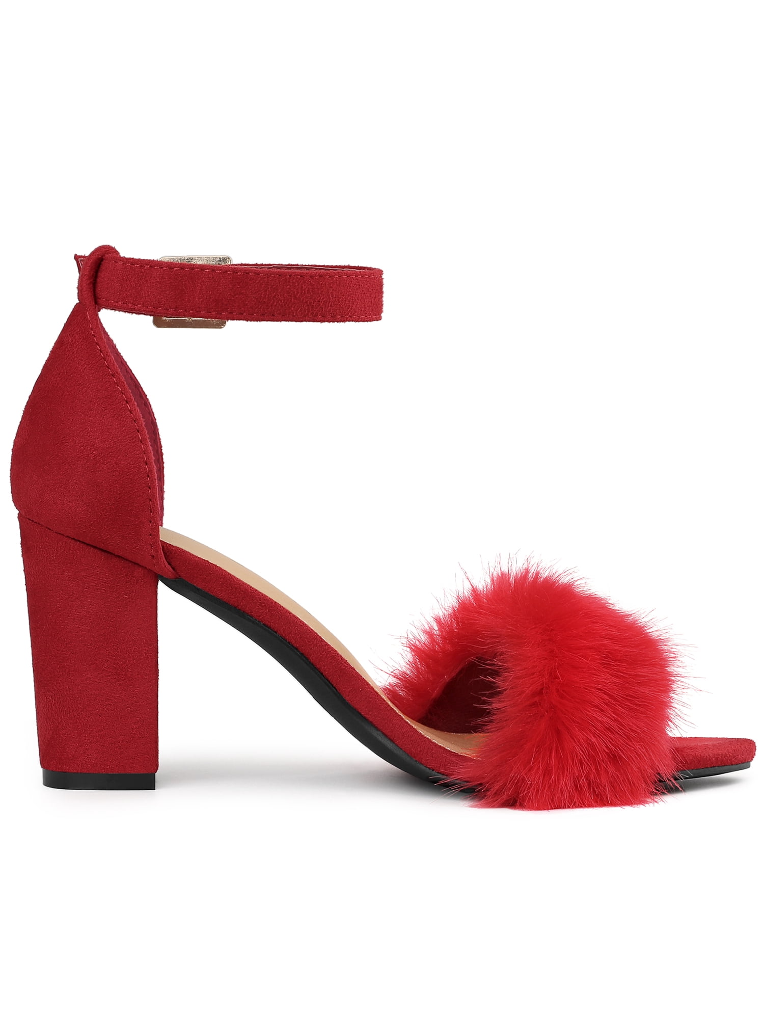 DARING DIVA Women's Ankle Strap Faux Fur Block Heels Beige Sandals for Wear Red 7