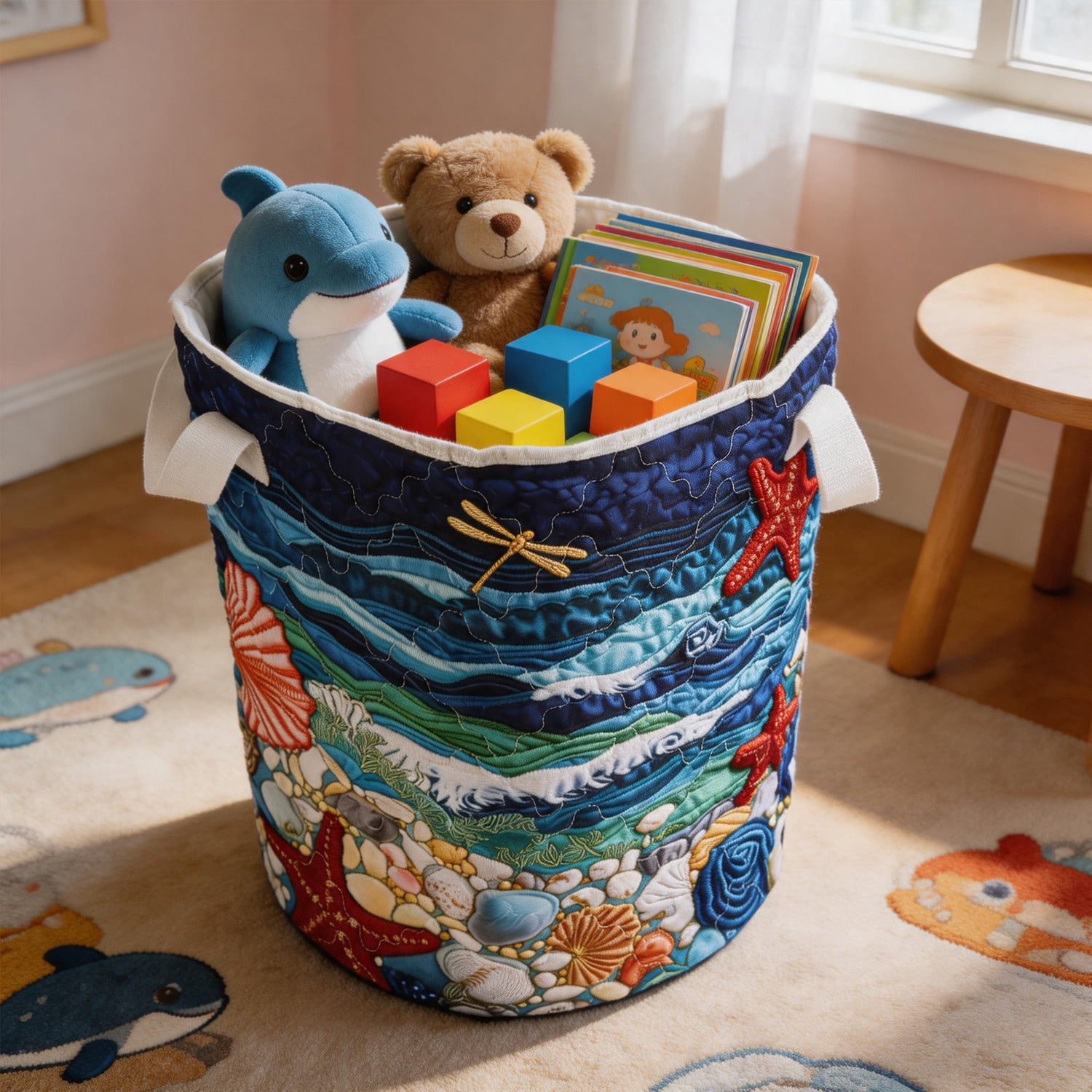 Yucurem Boho Fabric Floral Storage Hamper with Handle, Quilted Laundry Basket for Nursery Bedroom Laundry Room Clothes Toys (Starfish)