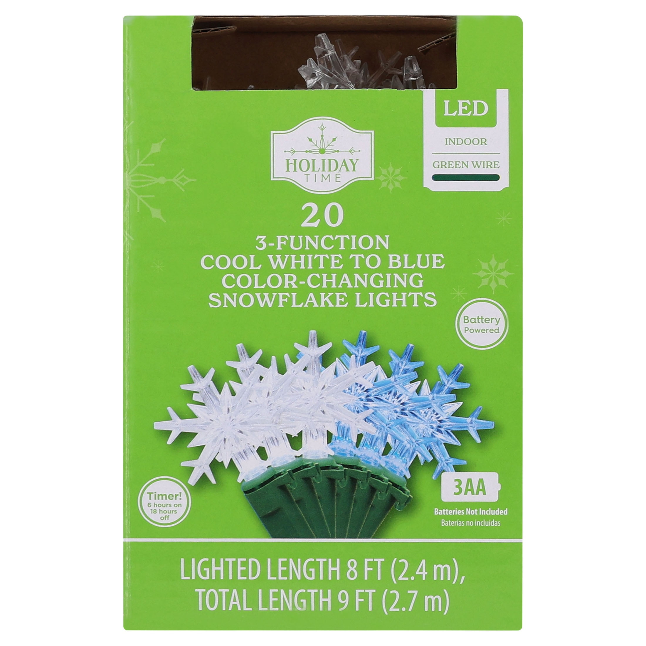 Indoor 20-Count Battery-Operated LED 3-Function Color-Changing Snowflake Christmas String Lights, Cool White to Blue, Green Wire, 8', by Holiday Time