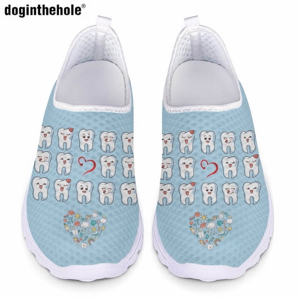 Zapatos planos casuales con estampado de dientes de dibujos animados de Doginthehole para mujer, zapatos de malla ligeros y transpirables de verano, zapatos planos cómodos para enfermería