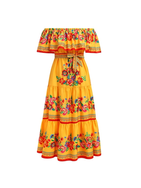 Mexican Maxi Dresses for Women Floral Print Off Shoulder Boho Long Dress Summer Beach Sundress
