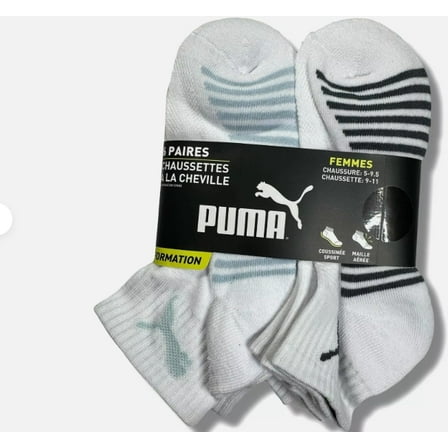 PUMA SOCKS WOMEN'S - QUARTER - BLISS 253 - WHITE GRAY - SHOE SZ 5-9.5 -PACK 6