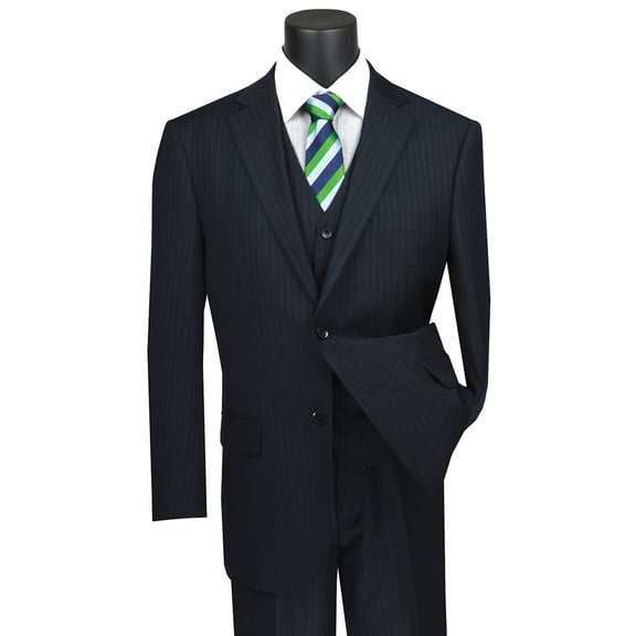 Men's Vinci Suits Classic Fit Navy Blue Pinstripe Suit Size 46 Long