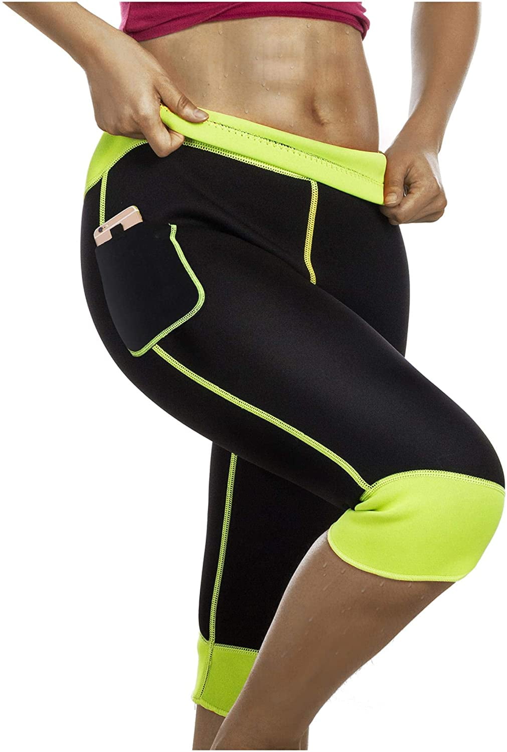 Women Hot Neoprene Sauna Sweat Pants with Pocket Workout Running Slimming Shorts Capris Compression Leggings Body Shaper