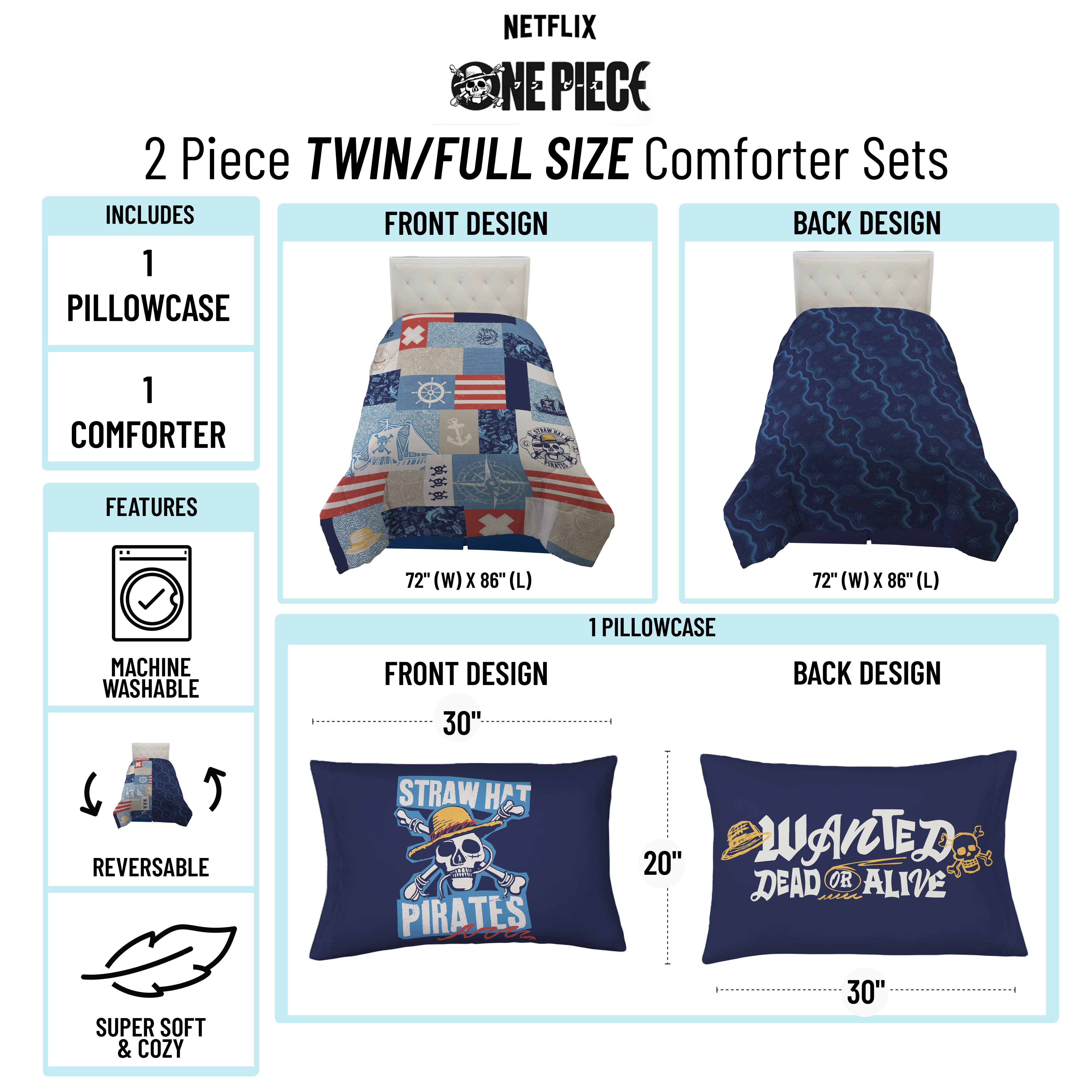 One Piece 2-Piece Reversible Comforter Set, Piracy Forever, Multicolor, Netfilx, Twin/Full