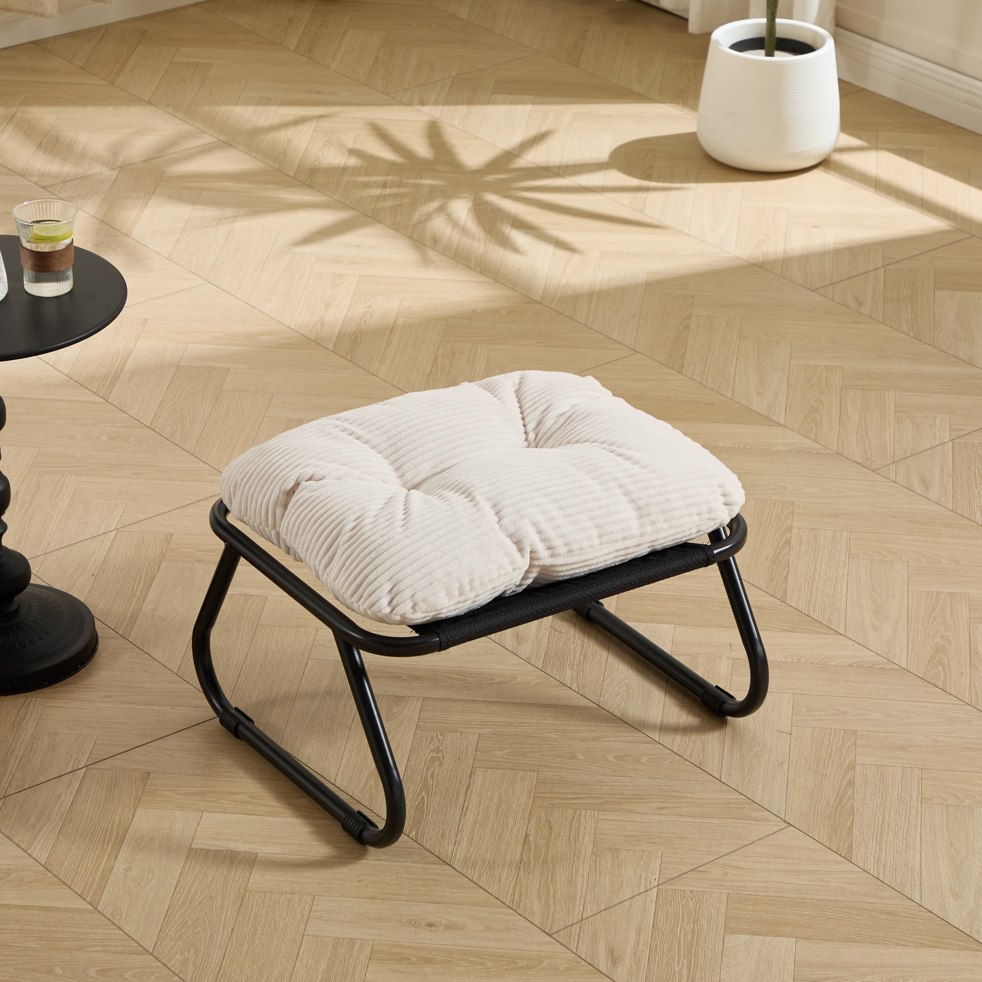 Patio Outdoor Lounge Chair with Ottoman, Comfy Sling Recliner Chair with Puffy Cushion and Foot Stool, Ideal for Living Room, Bedroom, Reading Room