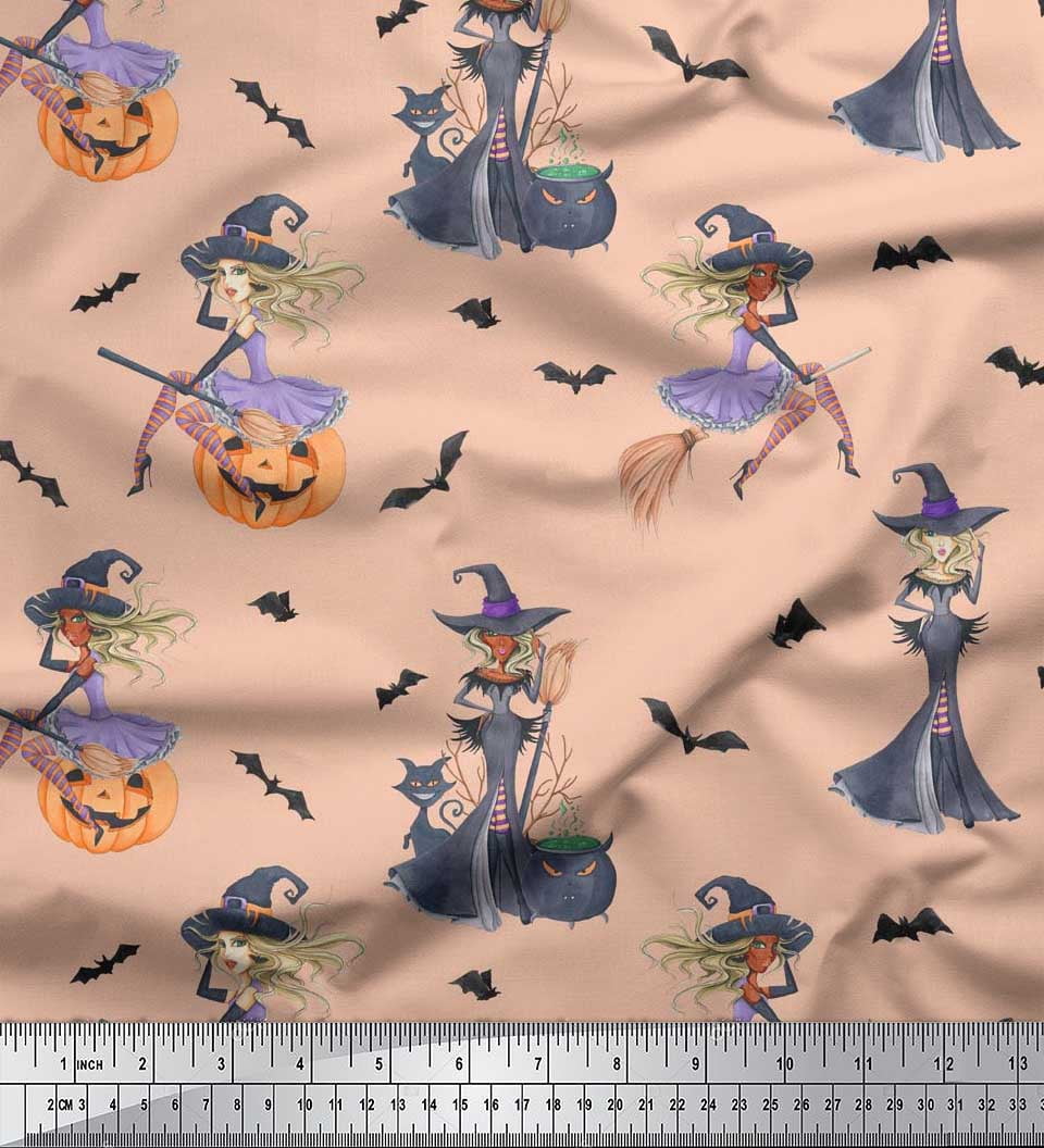 Soimoi Poly Georgette Fabric Magic Potion,Bat & Witch