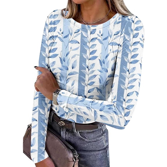 JUSLIO Blouses for Women Knit Graphic Shirts Tops Fashion Long Sleeve Round Neck Shirts Tops Light Blue L