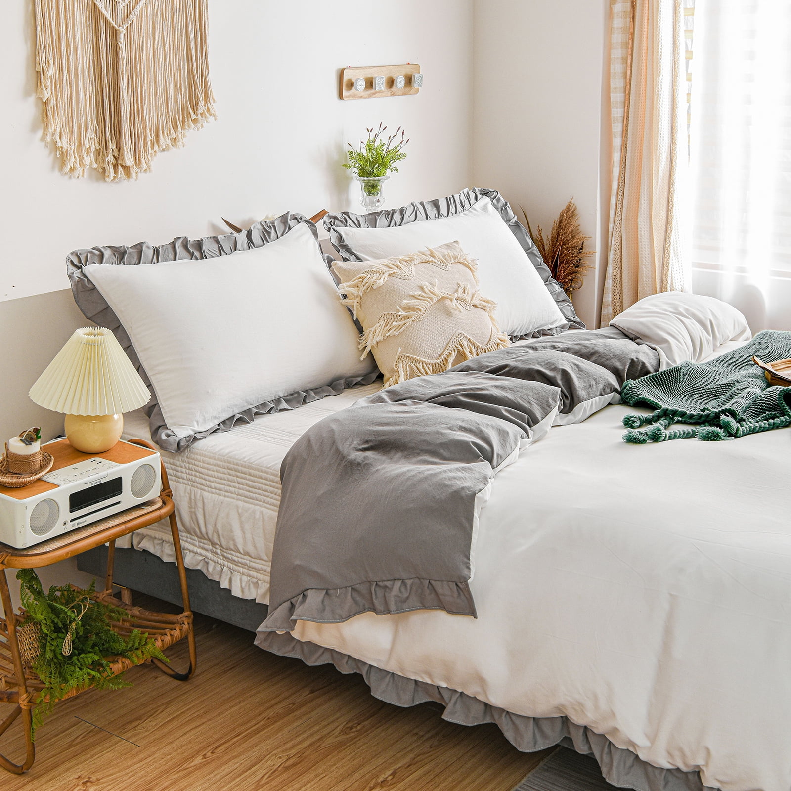 Move Over White Grey Ruffle Bedding Sets Queen White Grey Reversible