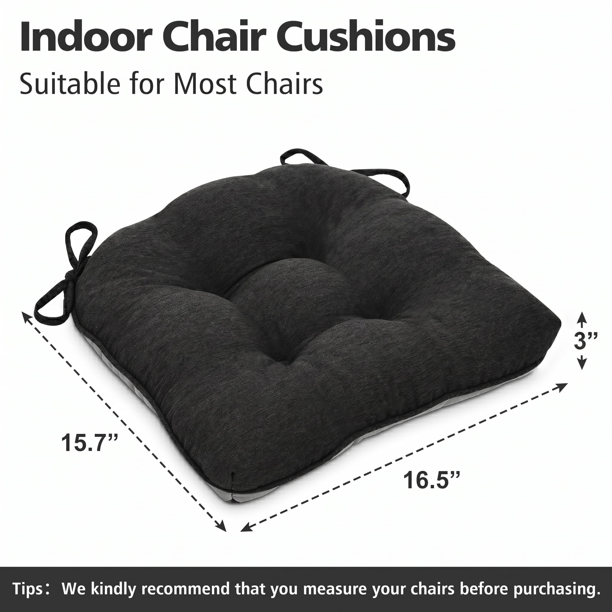Shinnwa Chair Cushions for Kitchen Chairs Memory Foam Tufted Dining Chair Pads with Ties Non Slip Seat Cushions, Set of 4, Black