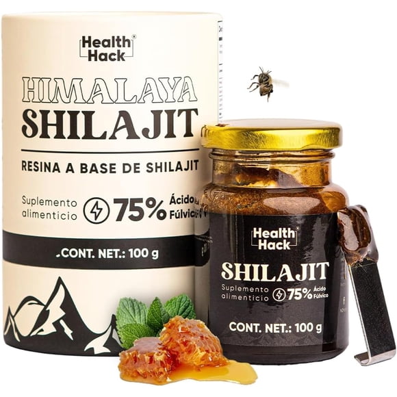 Himalaya Shilajit con Maca Negra | Resina Natural 100 g con 75% Ácido Fúlvico | Incluye Cuchara Medidora | Con Zinc, Miel, Pimienta Negra, Limón y Menta Health Hack