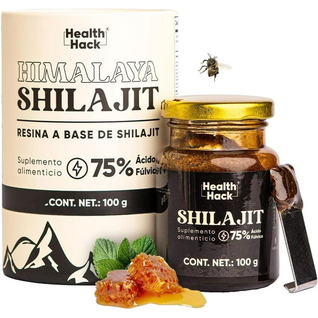 Himalaya Shilajit con Maca Negra | Resina Natural 100 g con 75% Ácido Fúlvico | Incluye Cuchara Medidora | Con Zinc, Miel, Pimienta Negra, Limón y Menta Health Hack