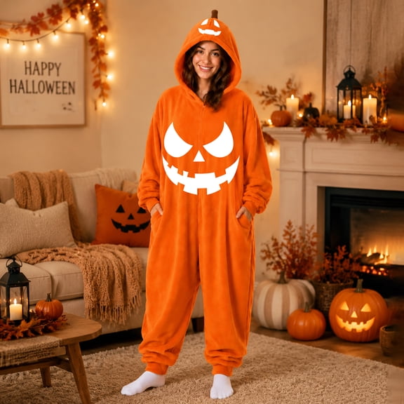 Couple Matching Pumpkin Onesie, Matching Pumpkin Plush Onesie Jumpsuit, Full Body Coral Fleece Halloween Couple Costume With 3D Stem Hood, Classic Jack O Lantern Face Graphic Loungewear, Beige L