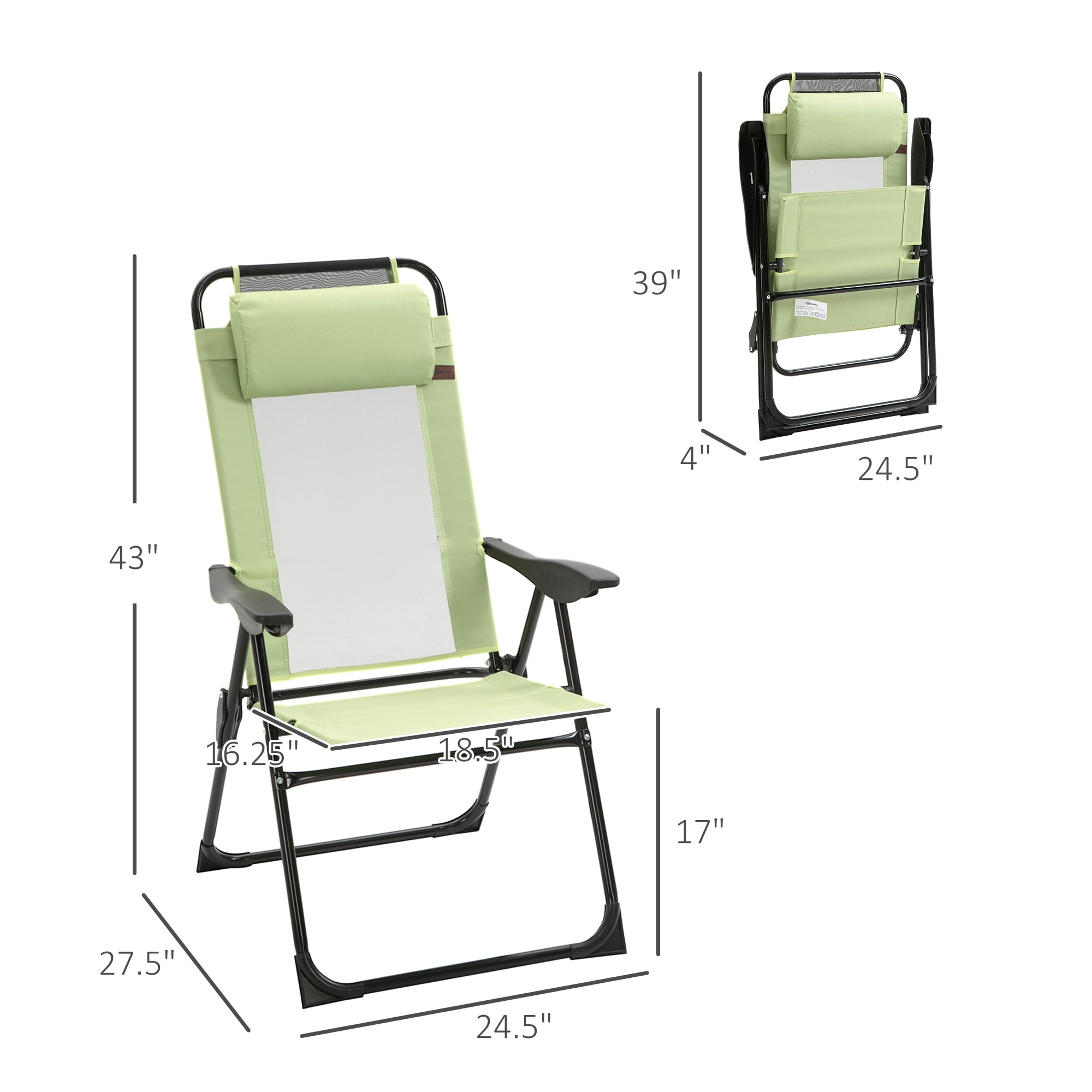 Folding Patio Chairs Set of 2, Outdoor Deck Chair with Adjustable Sling Back, Camping Chair with Removable Headrest for Garden, Backyard, Lawn, Green