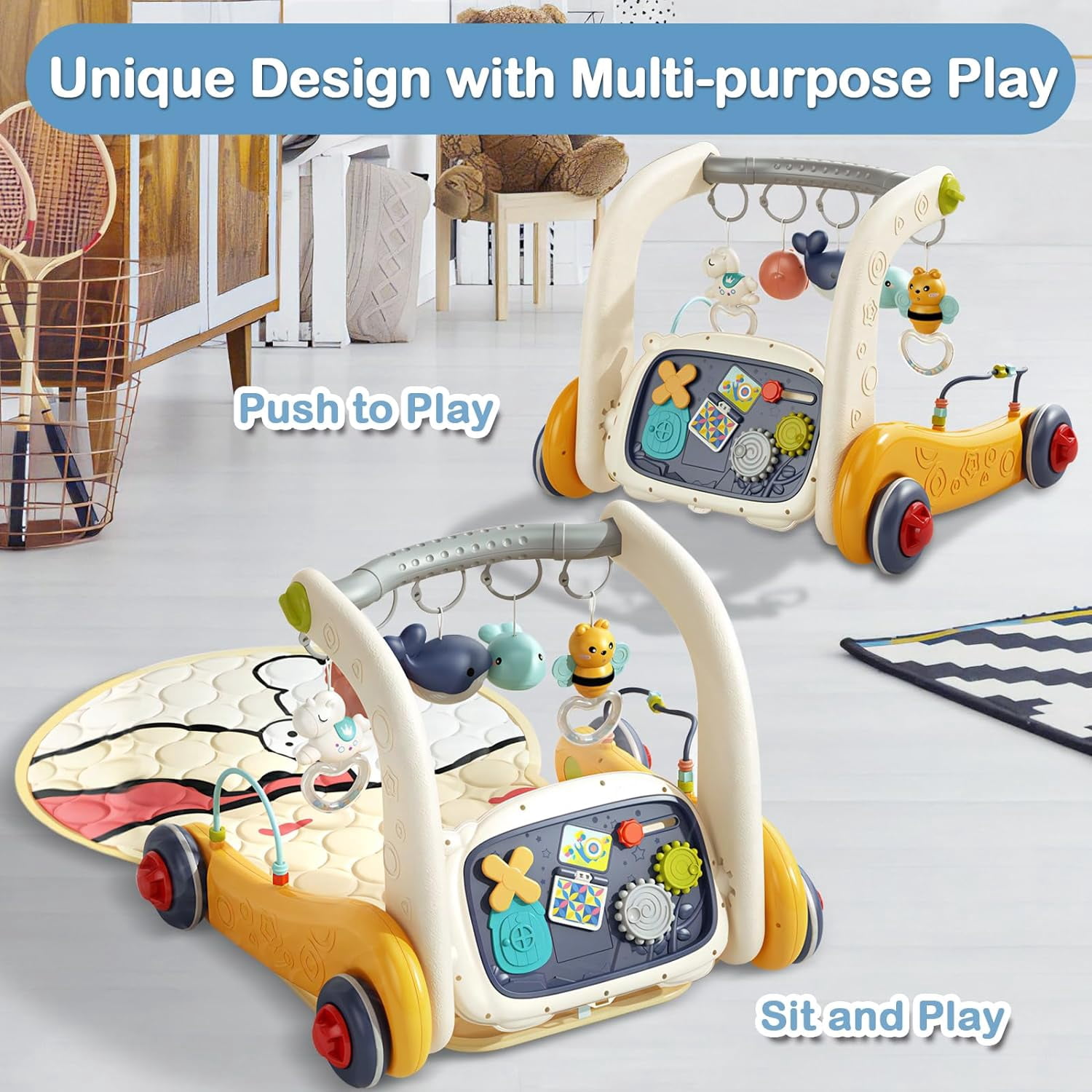 Babyomi Baby Gym Play Mat with Baby Learning Walker, Gym Baby Playmat with Musical Learning Toys and Kick and Play Piano for Infant Newborn, Gift 0-12 Months