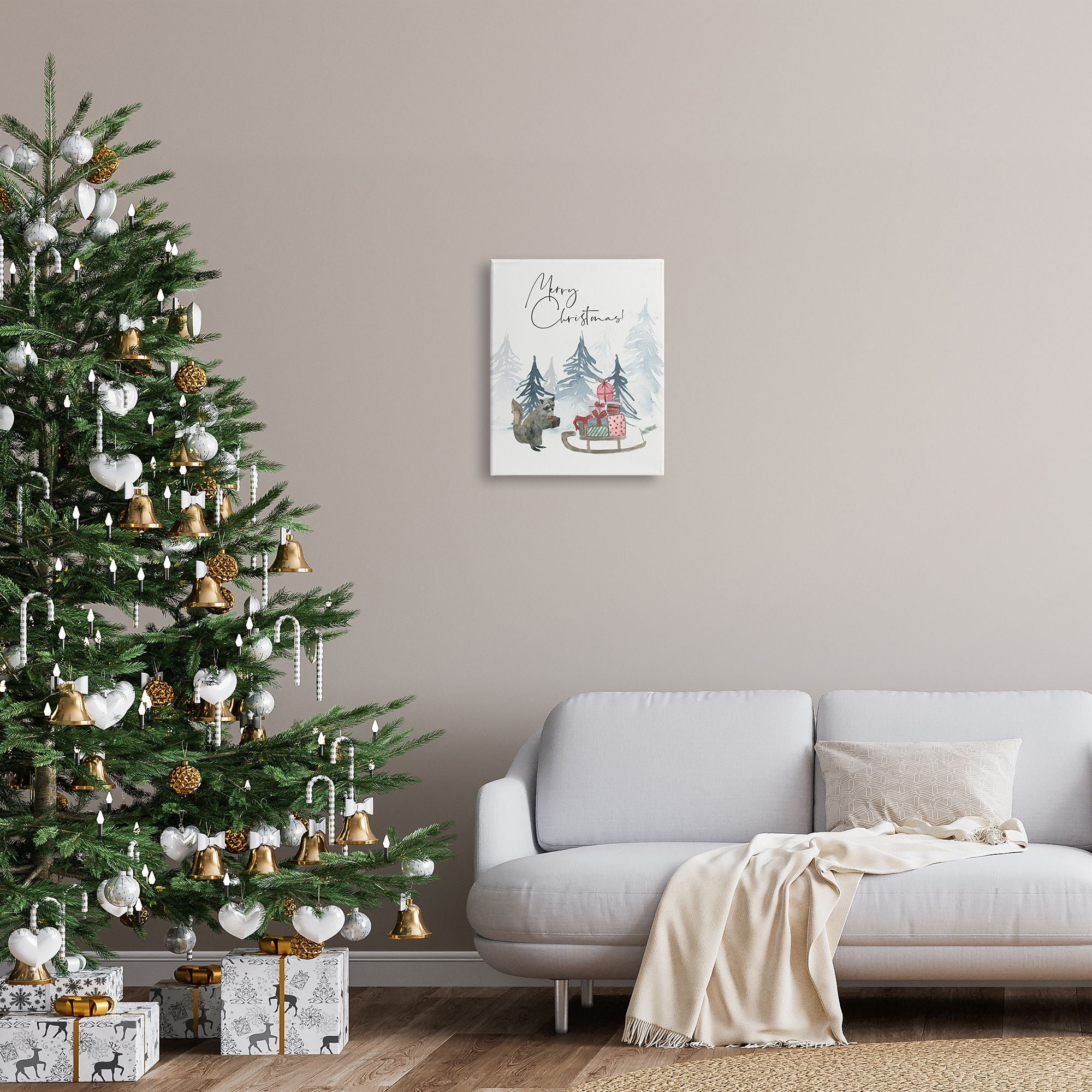 Stupell Indtries Merry Christmas Phrase Adorable Racoon Forest Present Sleigh,16 x 20,Design by Lucille Price