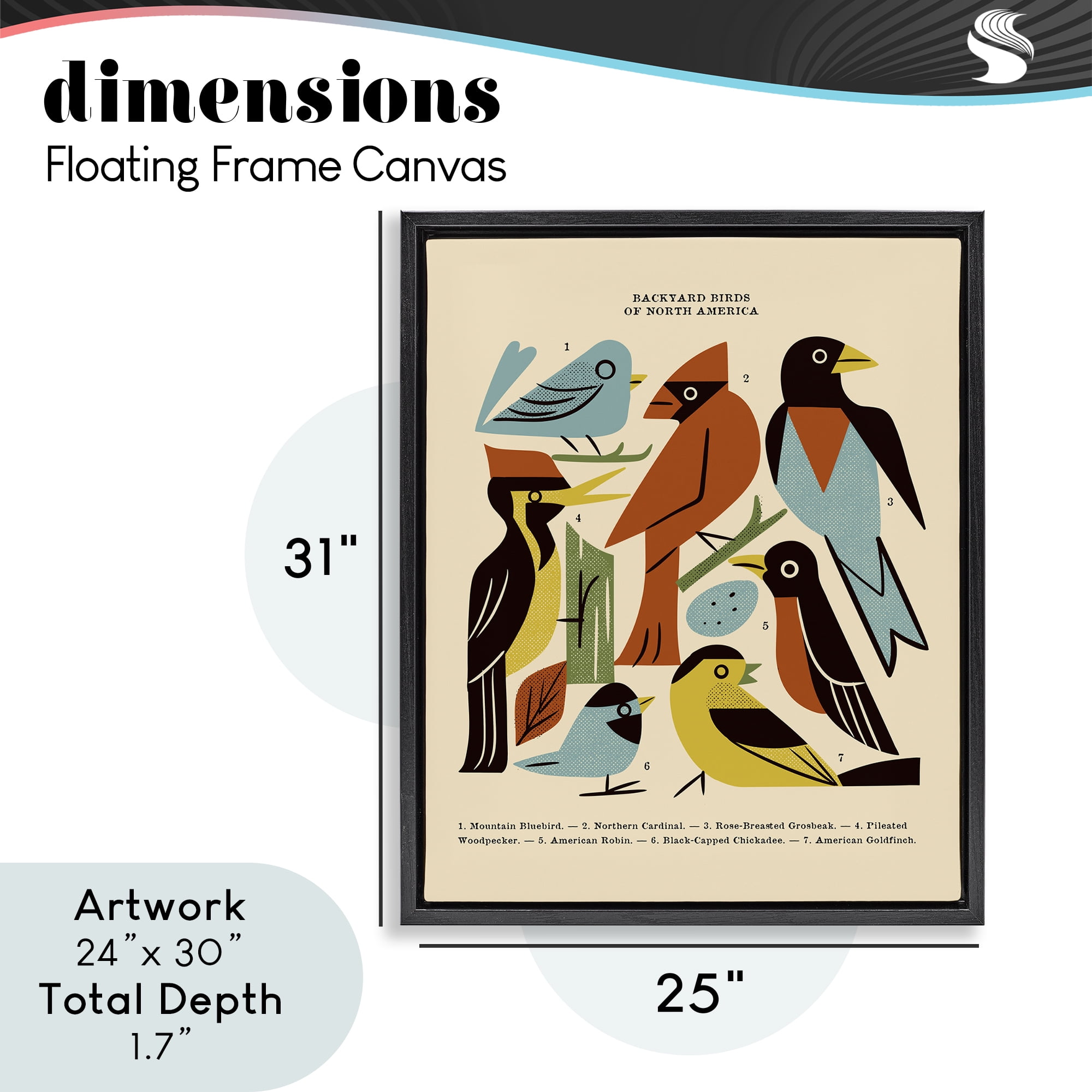 Backyard Birds Midcentury Modern Black Framed Floater Canvas Wall Art, design by Renea L. Thull