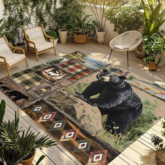 Fsddascl Vintage Black Bears Outdoor Rug for Patio/Deck/Porch, Non-Slip Large Area Rug 5 x 8 Ft, Abstract Country Plaid Fish Retro Indoor Outdoor Rugs Washable Area Rugs, Camping Rug Carpet