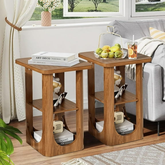 End Tables Living Room Set of 2, Modern Side Tables Bedroom with Storage Shelves, 3 Tier End Tables Bedroom, Small Square Wooden Bedside Table Nightstand (Walnut)