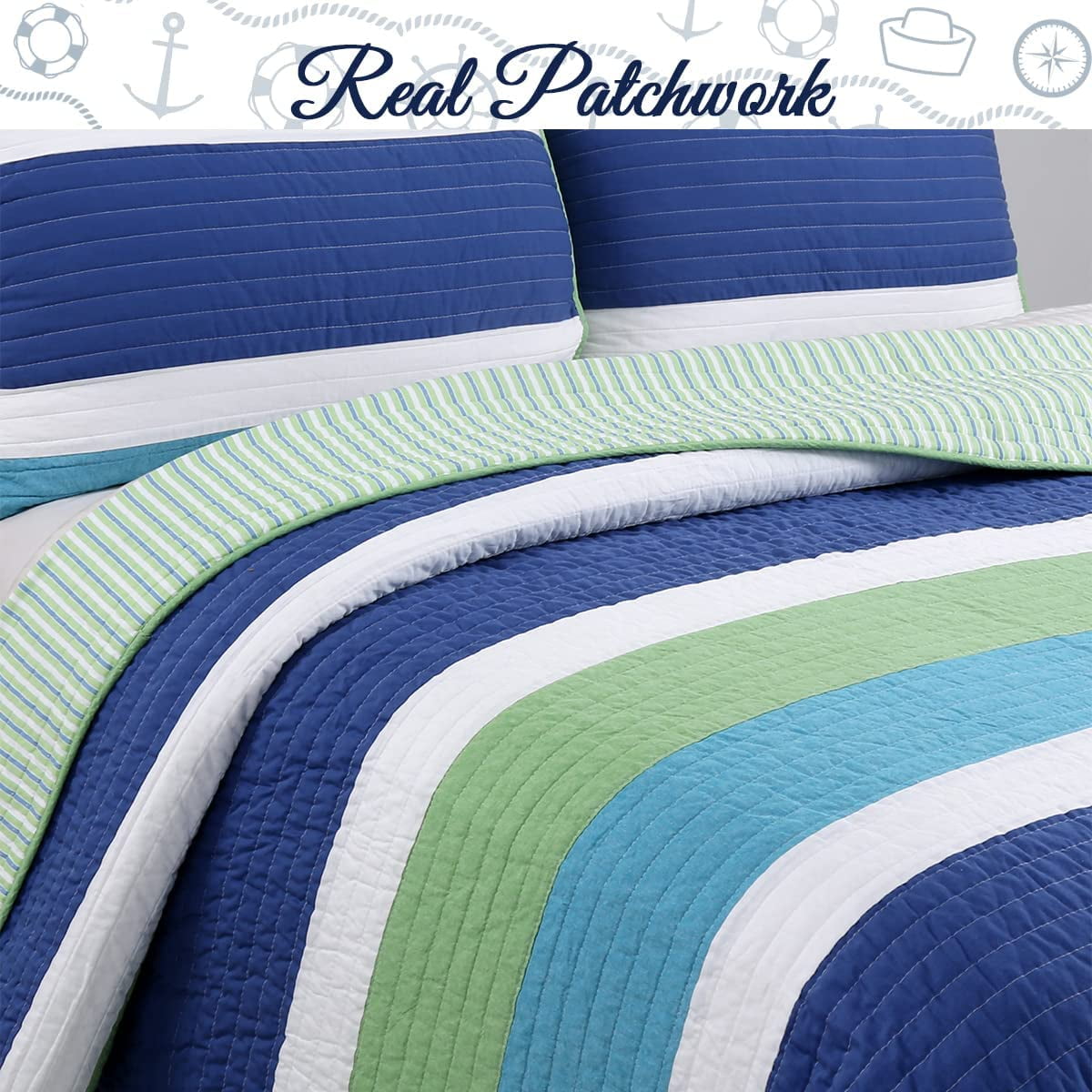Cozy Line Home Fashions Cotton Blue Green Stripped Quilt Bedding Set, Queen 3-Pieces