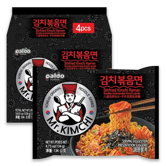 [8 packs] Paldo Mr. Kimchi Ramen Stir Fried Instant Noodles, Stir-fried Kimchi Flavored, Soupless Original Korean Ramyun, Spicy Ramen Challenge, 미스터 김치 김치볶음면 134g (4.72 oz) x 8 Pack