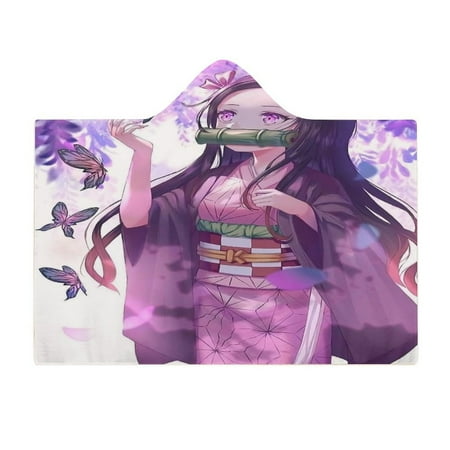 Demon Slayer Nezuko Blanket Wearable Cartoon Cosplay Hoodie Throw Blanket Hooded Cloak Flannel Fleece Shawl Wrap Nap Quilt