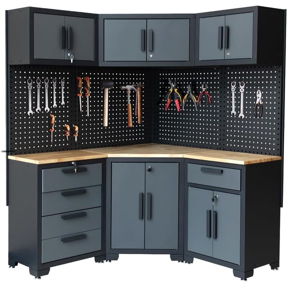 HPDMC Garage Storage Cabinet System 8-Pcs Garage Cabinets and Storage System Corner Workshop Set with Corner Cabinet, Cabinet Drawers, Workbench, Pegboard for Tool Organization, Black and Grey