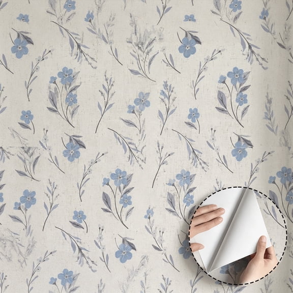 Light Blue Watercolor Floral Wallpaper Rustic Farmhouse Minimalist Aesthetic Peel and Stick Wallpaper Waterproof Home Decor for Bedroom Living Room Bathroom Dorm Room Drawer 17.7 * 78.7 in