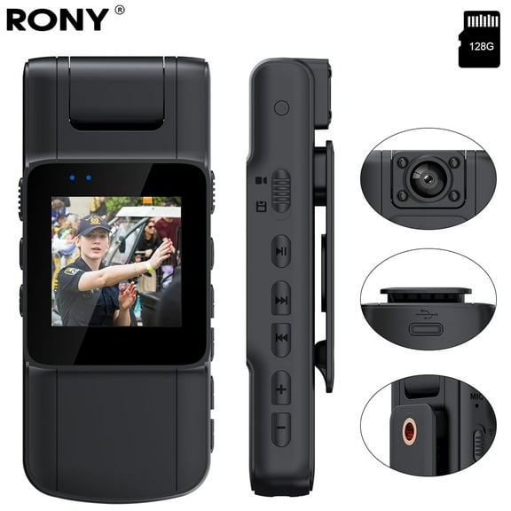 RONY 128GB 180° Rotate Mini Body Camera - 1080p Wearable Camcorder with Night Vision - Long Battery Life Audio Video Camera for Daily Records