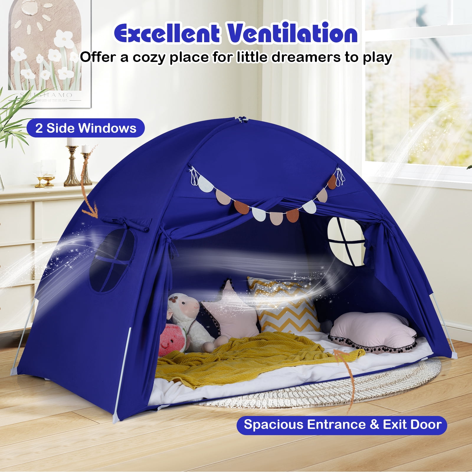 Gymax Twin Full Size Bed Tent w/2 Windows Flags for Boys & Girls Aged 3+ Years Old Navy