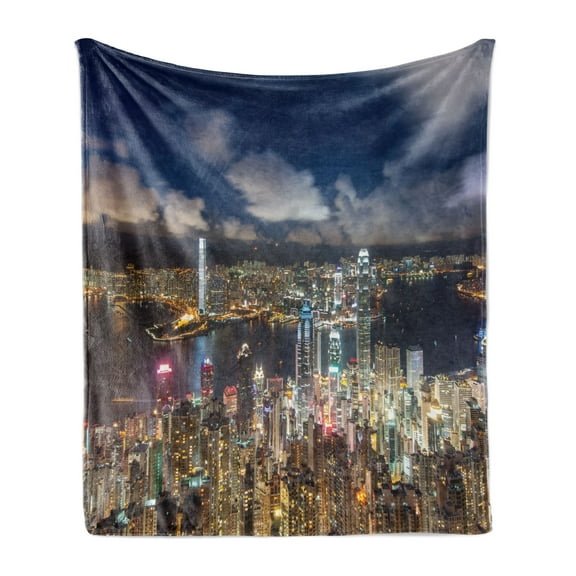 Cityscape Soft Flannel Fleece Blanket, Night View Hong Kong Victoria Harbor Business Financial District Cityscape Print, Cozy Plush for Indoor and Outdoor Use, 70" x 90", Navy White, by Ambesonne