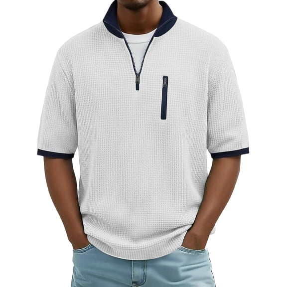 Mens Waffle T-Shirts, Zip Up Shirts for Men Summer Fashion Loose Fit V Neck Short Sleeve Tshirt Tees with Zipper Pockets