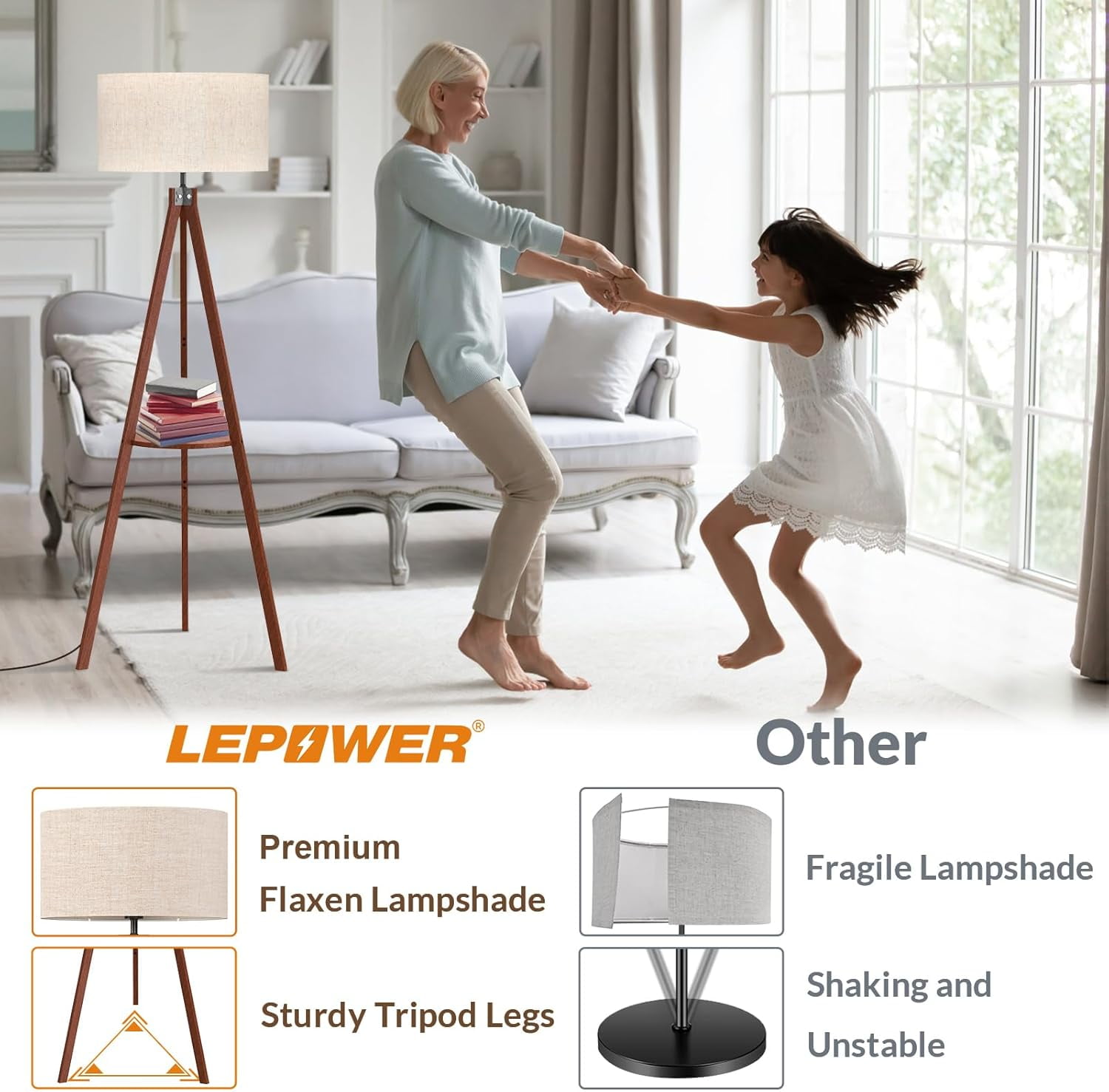 LEPOWER Tripod Floor Lamp, Mid Century Wood Standing Lamp, Modern Design Shelf Floor Lamp for Living Room, Bedroom, Office, Flaxen Lamp Shade with E26 Lamp Base Brown
