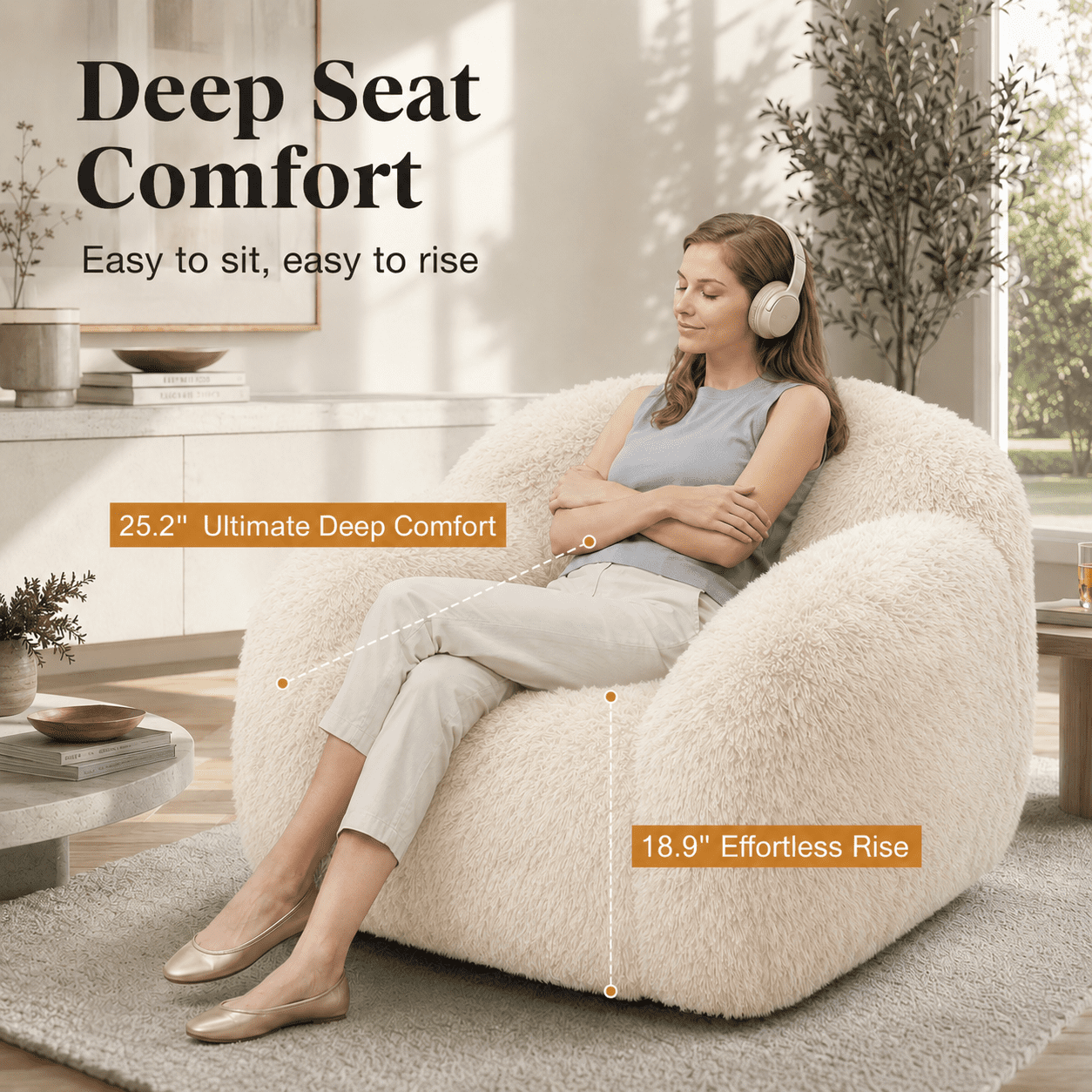 Aenkyo Oversized 360 Degree Swivel Accent Chair, Plush Faux Fur Barrel Sofa Chair, 25" Deep Seat, Sand