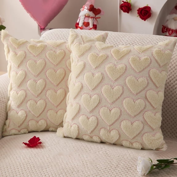 Valentines Pillow Covers 18x18 inch Set of 2 Valentines Day Decoration Red Heart Soft Plush Faux Fur Jacquard Throw Pillows for Bedroom Sofa Holiday Festivals Home Decor PTK017A18