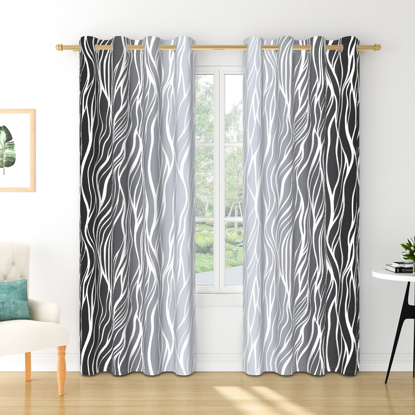 Nanqianyi Black and Grey Ombre Blackout Curtains 52" Wx63" L for Bedroom Living Room, Gradient Wavy Line Thermal Insulated Grommet Drapes 2 Panels